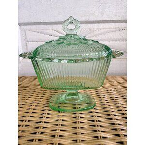Vintage 50's Indiana Glass Lace Edge Green Footed Candy Dish & Lid